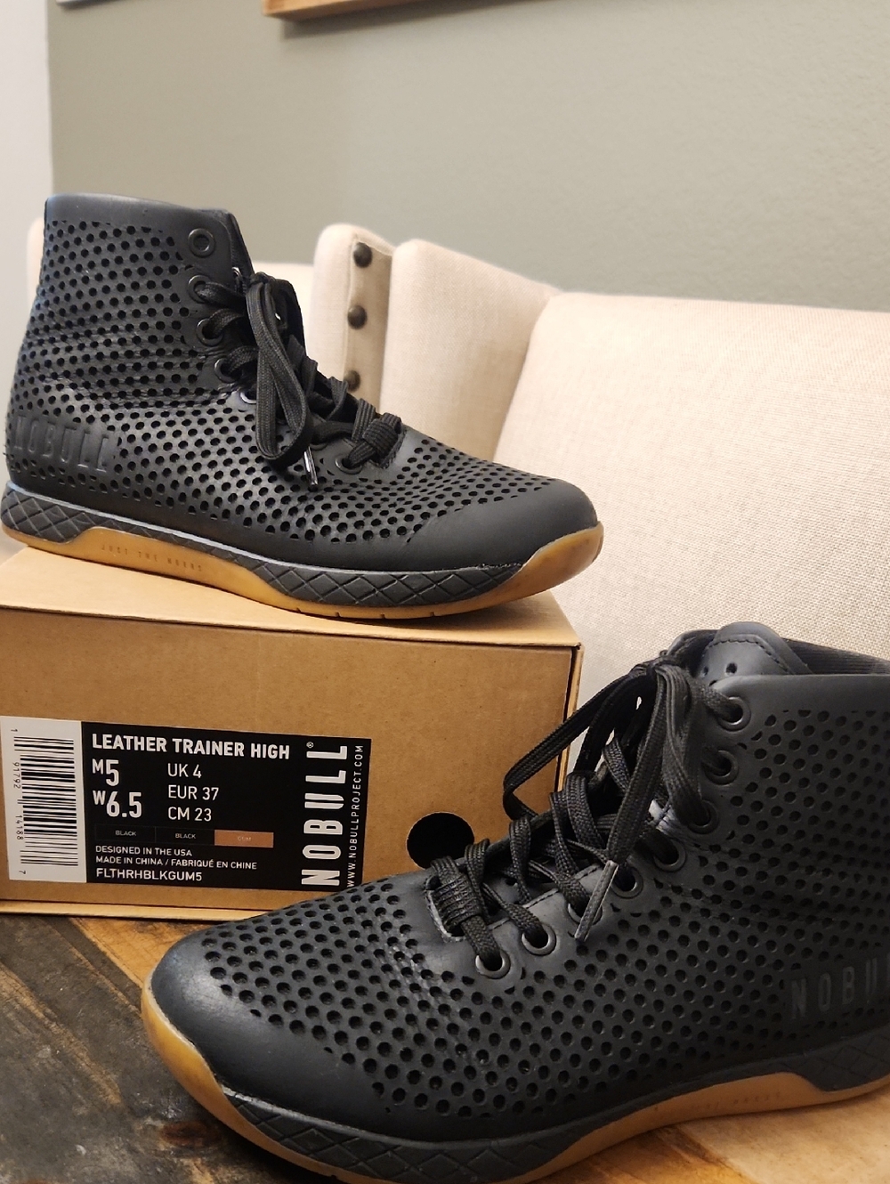 NOBULL Black Perforated Leather High-Top Trainers with Gum Sole